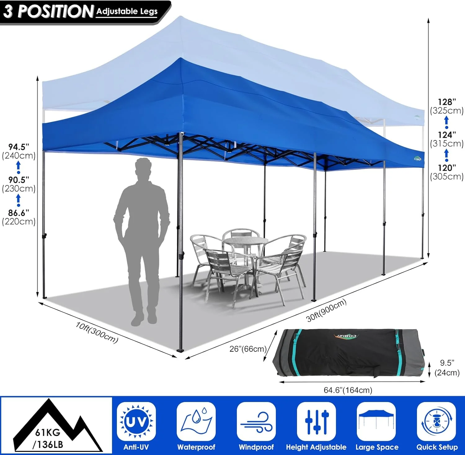 COBIZI 10x20 Heavy Duty Pop up Canopy Tent with 6 sidewalls Easy Up Commercial Outdoor Canopy Wedding Party Tents for Parties All Season Wind & Waterproof Gazebo with Roller Bag,Black(Frame Thickened)