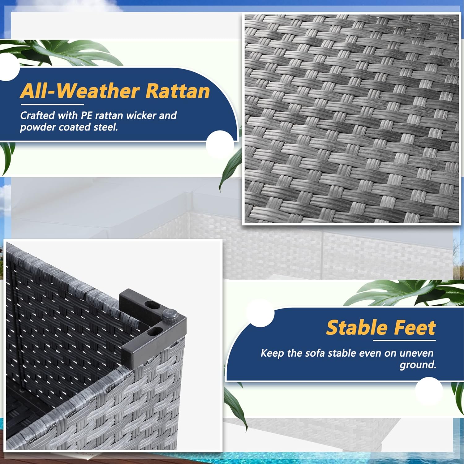 Shintenchi 5 Pieces Outdoor Patio Sectional Sofa Couch, Silver Gray PE Wicker Furniture Conversation Sets with Washable Cushions & Glass Coffee Table for Garden, Poolside, Backyard (Aegean Blue)