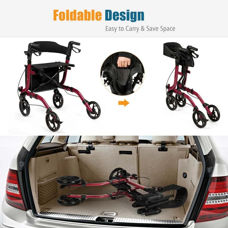 Folding Rollator Walker with Seat & Storage Bag, Lightweight Medical Walker Rolling Mobility Walking Aid