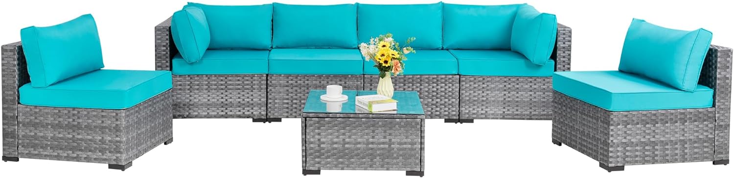 Shintenchi 5 Pieces Outdoor Patio Sectional Sofa Couch, Silver Gray PE Wicker Furniture Conversation Sets with Washable Cushions & Glass Coffee Table for Garden, Poolside, Backyard (Aegean Blue)
