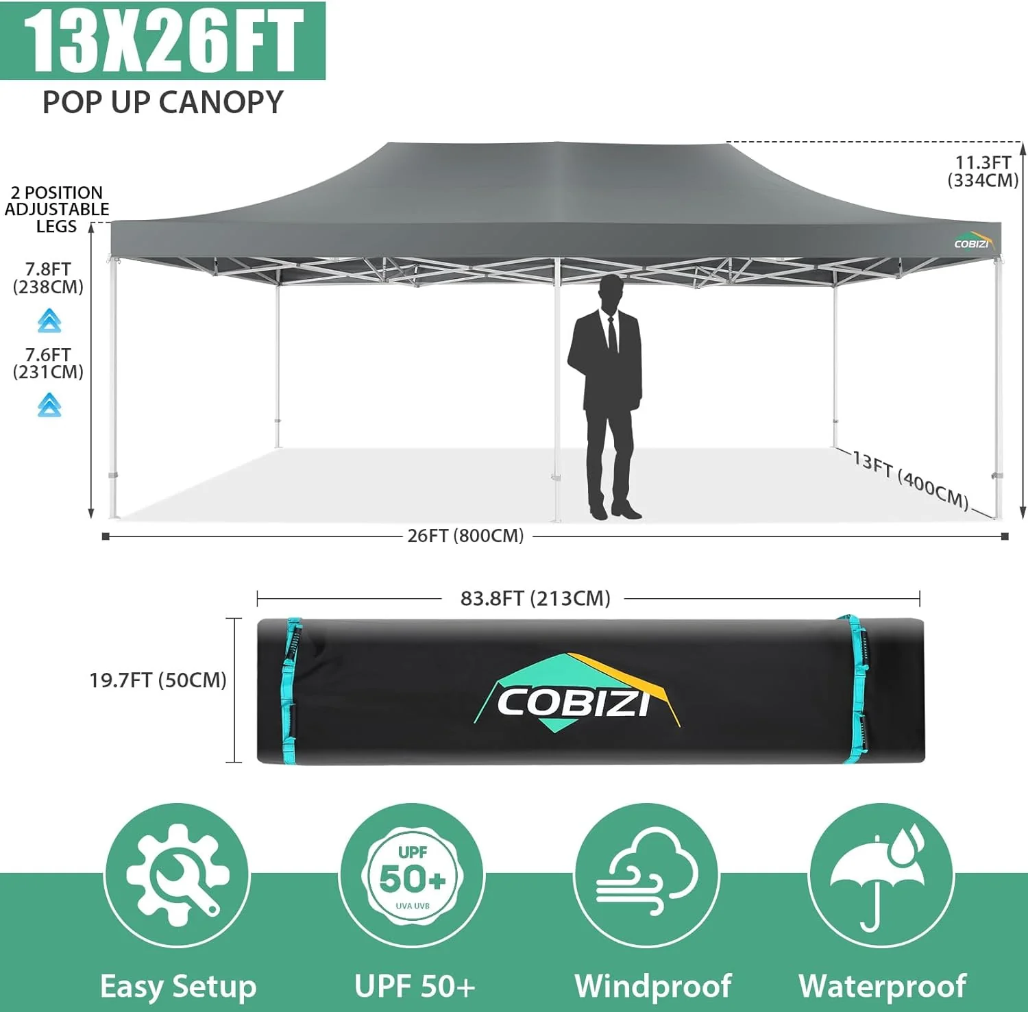 COBIZI 10x20 Heavy Duty Pop up Canopy Tent with 6 sidewalls Easy Up Commercial Outdoor Canopy Wedding Party Tents for Parties All Season Wind & Waterproof Gazebo with Roller Bag,Black(Frame Thickened)