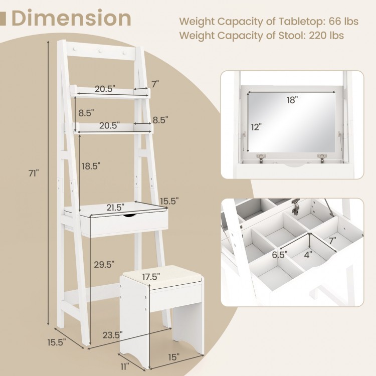 Vanity Desk Set with Flip Top Mirror, Hidden Storage Compartments and Cushioned Stool