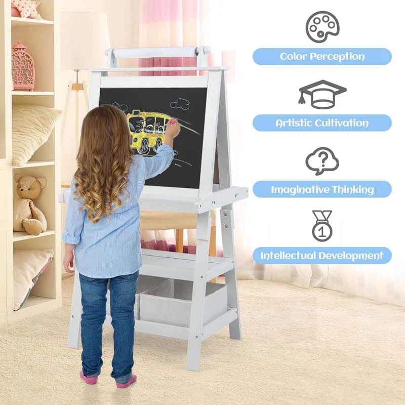 3-in-1 Double-Sided Kids Art Easel, Wooden Storage Toddler Easel with Magnetic White Board & Chalkboard, Paper Roll, Painting Dry Erase