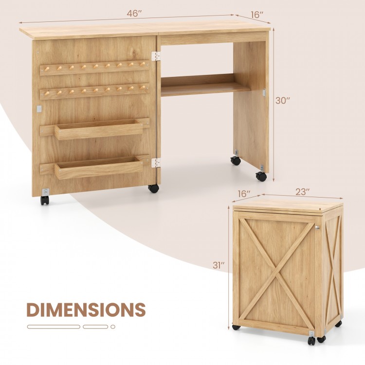 Folding Sewing Table with Storage Shelf and 5 Lockable Wheel