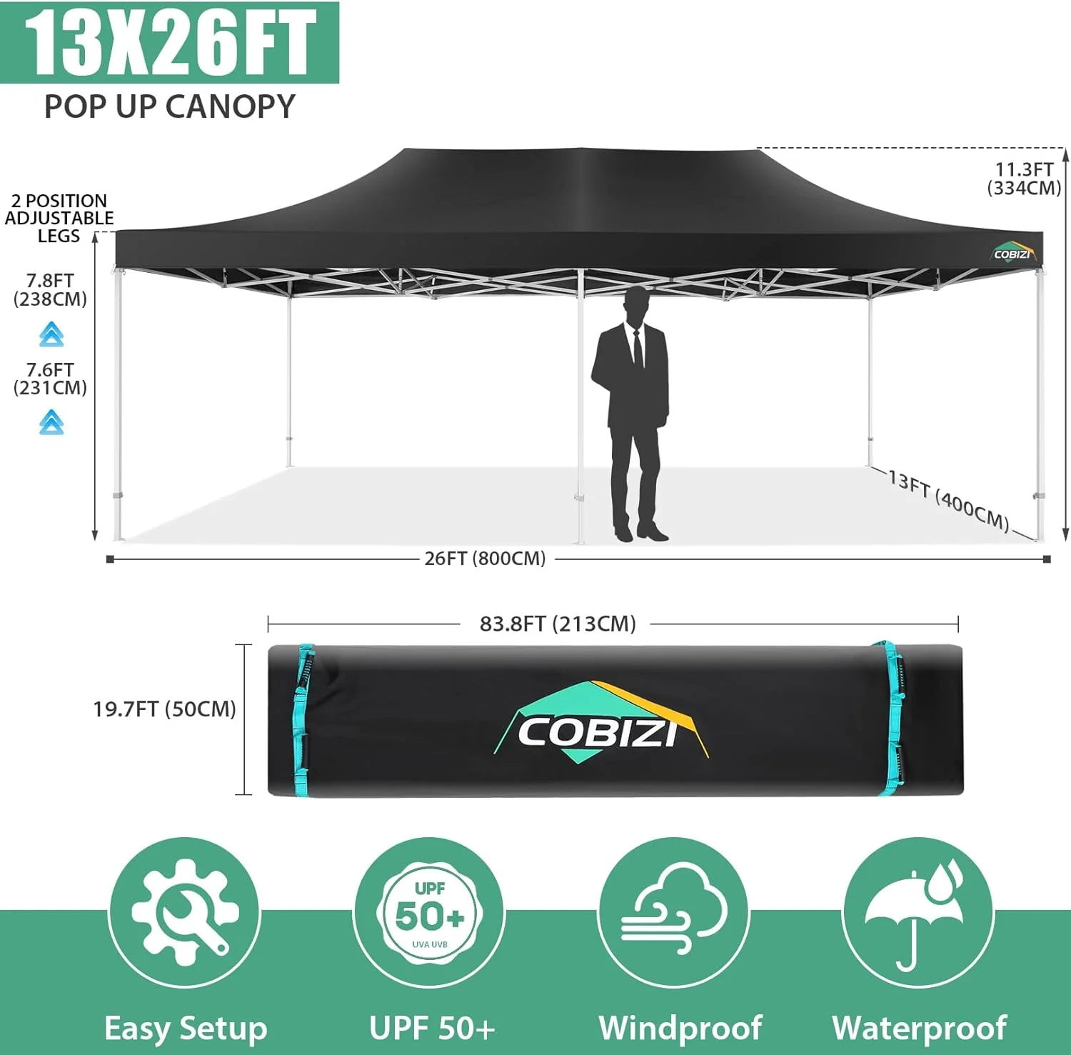 COBIZI 10x20 Heavy Duty Pop up Canopy Tent with 6 sidewalls Easy Up Commercial Outdoor Canopy Wedding Party Tents for Parties All Season Wind & Waterproof Gazebo with Roller Bag,Black(Frame Thickened)