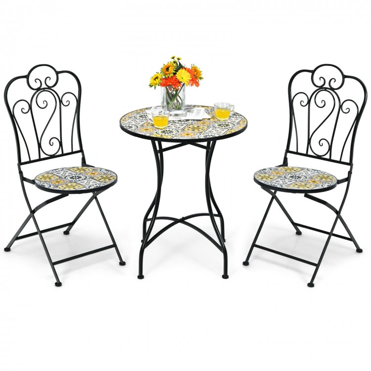 2-Pieces Mosaic Folding Bistro Chairs with Ceramic Tiles Seat
