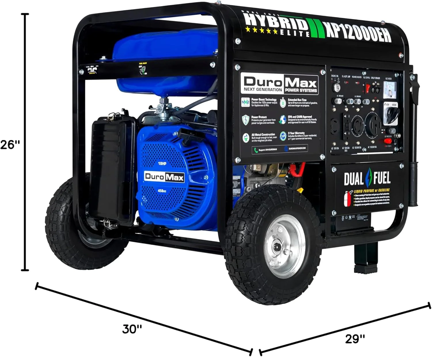 DuroMax XP13000EH 13,000-Watt Dual Fuel Portable Generator - Gas & Propane, Electric Start, Whole Home Backup Power, Transfer Switch Ready, RV & Emergency Ready
