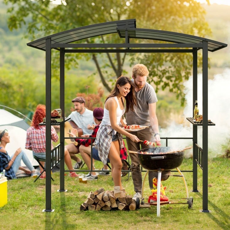 Hardtop Grill Gazebo with Vented Polycarbonate Roof Side Shelves