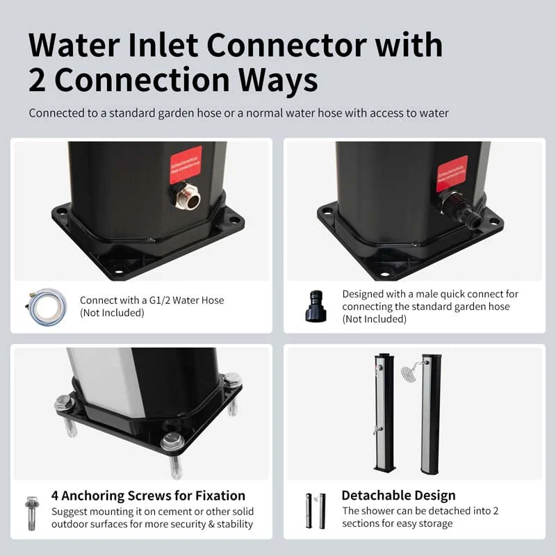 7.2 FT 9.3 Gallon Solar-Heated Outdoor Shower, 2-Section Freestanding Shower for Poolside Garden Yard Beach