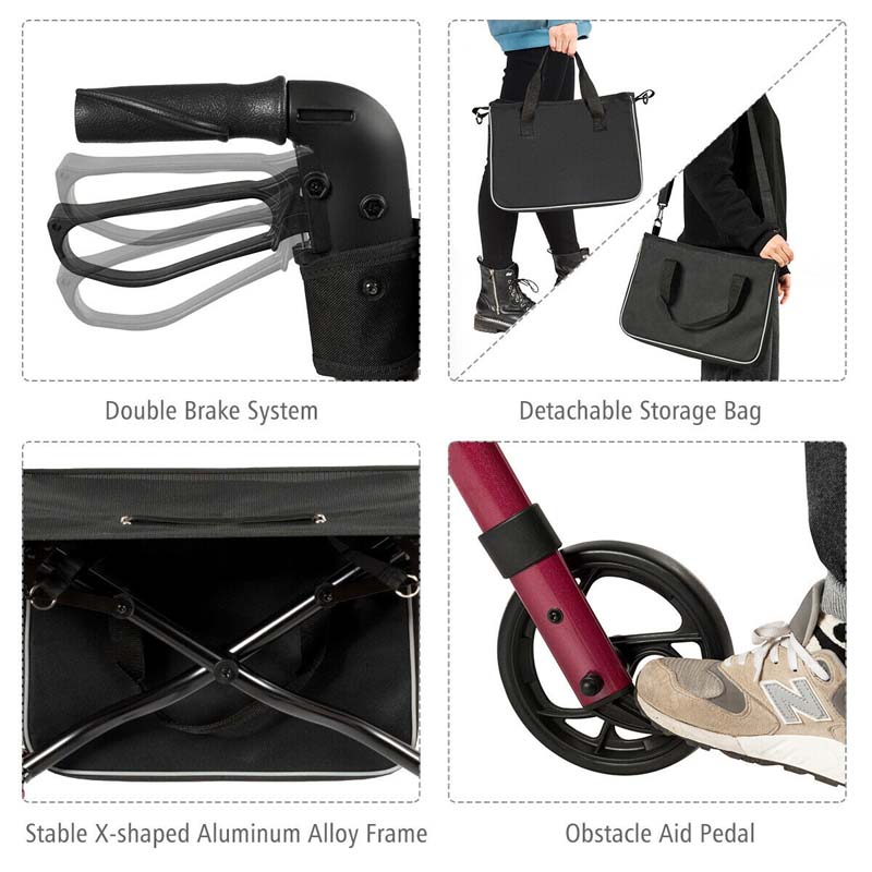 Folding Rollator Walker with Seat & Storage Bag, Lightweight Medical Walker Rolling Mobility Walking Aid