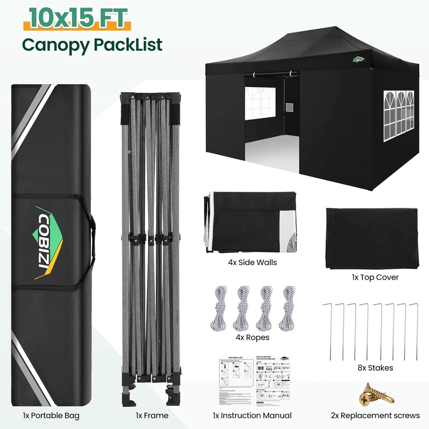 COBIZI 10x20 Heavy Duty Pop up Canopy Tent with 6 sidewalls Easy Up Commercial Outdoor Canopy Wedding Party Tents for Parties All Season Wind & Waterproof Gazebo with Roller Bag,Black(Frame Thickened)