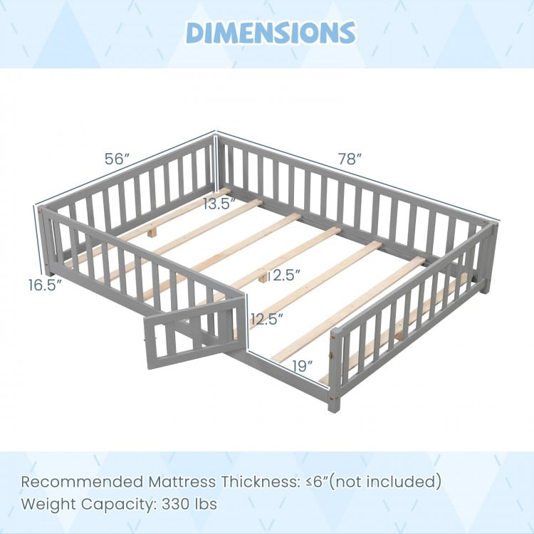 Montessori Bed Frame with Full-length Guardrails Safety Door and Latch