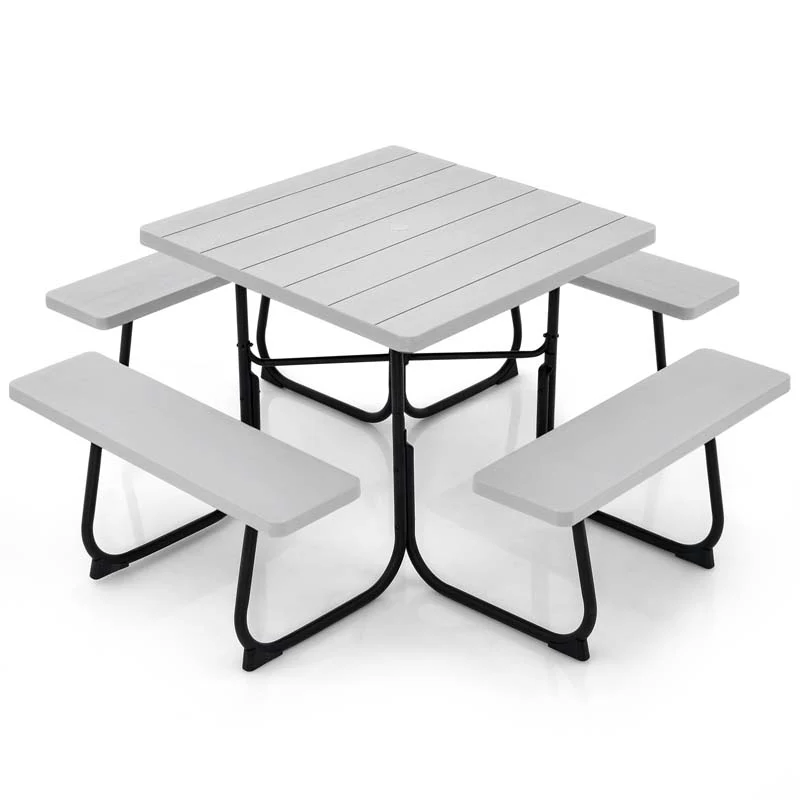 8 Person HDPE Outside Table & Bench Set, Outdoor Square Picnic Table with 4 Built-in Benches, Umbrella Hole, Metal Frame