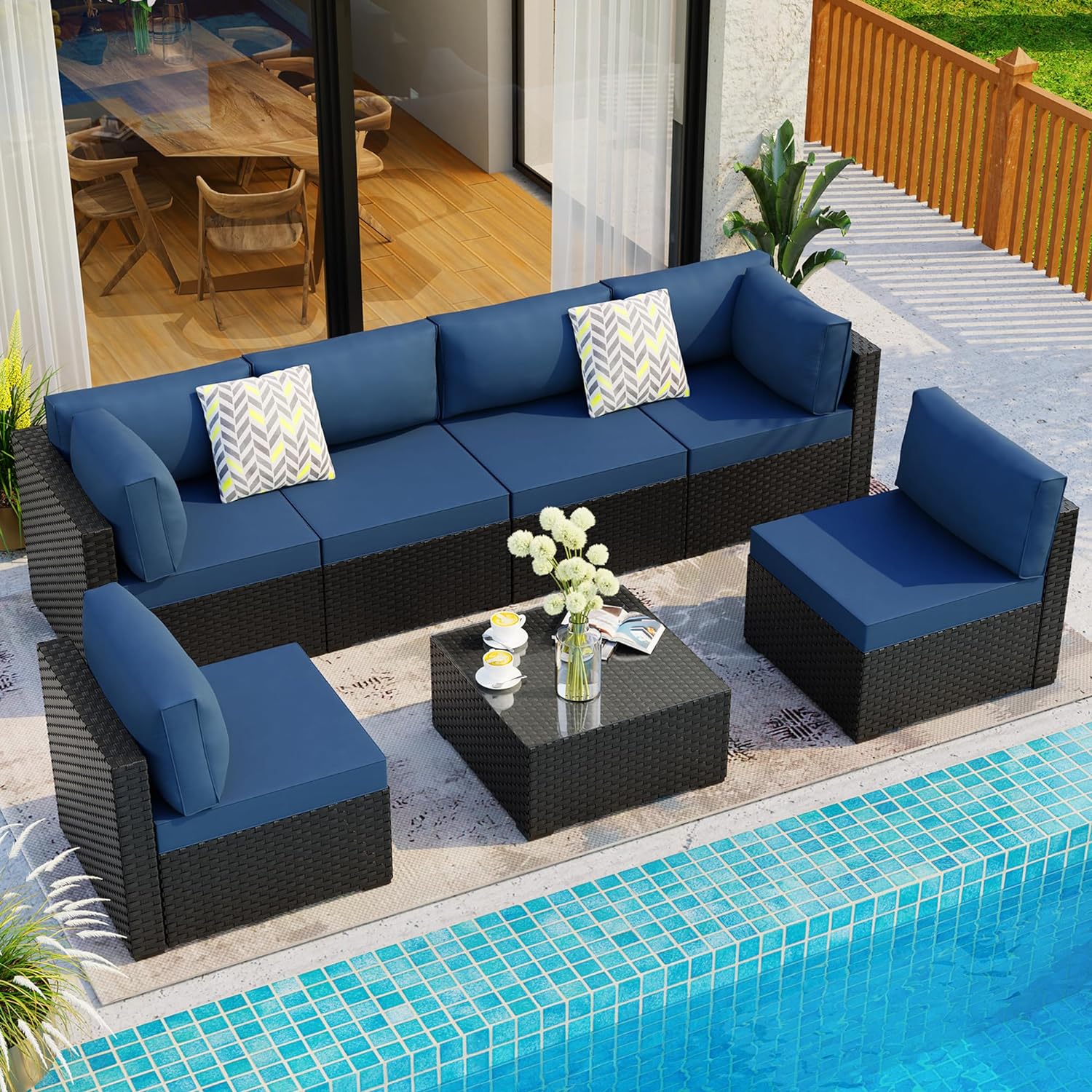 Shintenchi 5 Pieces Outdoor Patio Sectional Sofa Couch, Silver Gray PE Wicker Furniture Conversation Sets with Washable Cushions & Glass Coffee Table for Garden, Poolside, Backyard (Aegean Blue)