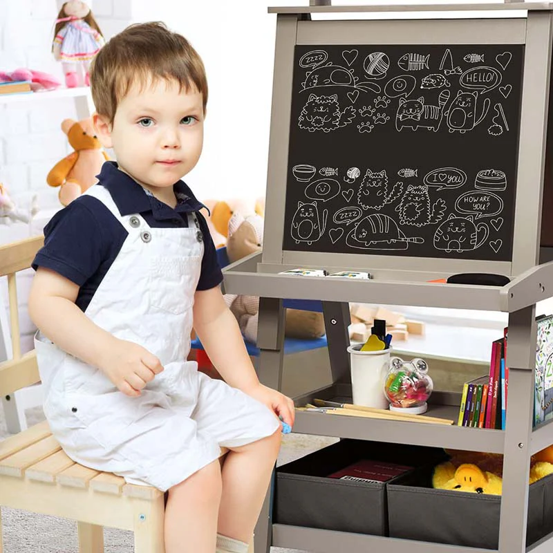3-in-1 Double-Sided Kids Art Easel, Wooden Storage Toddler Easel with Magnetic White Board & Chalkboard, Paper Roll, Painting Dry Erase