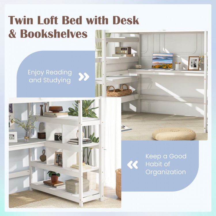 Twin Size Loft Bed with Desk and Storage Stairs Loft Bed Frame with Shelves and Safety Guardrails