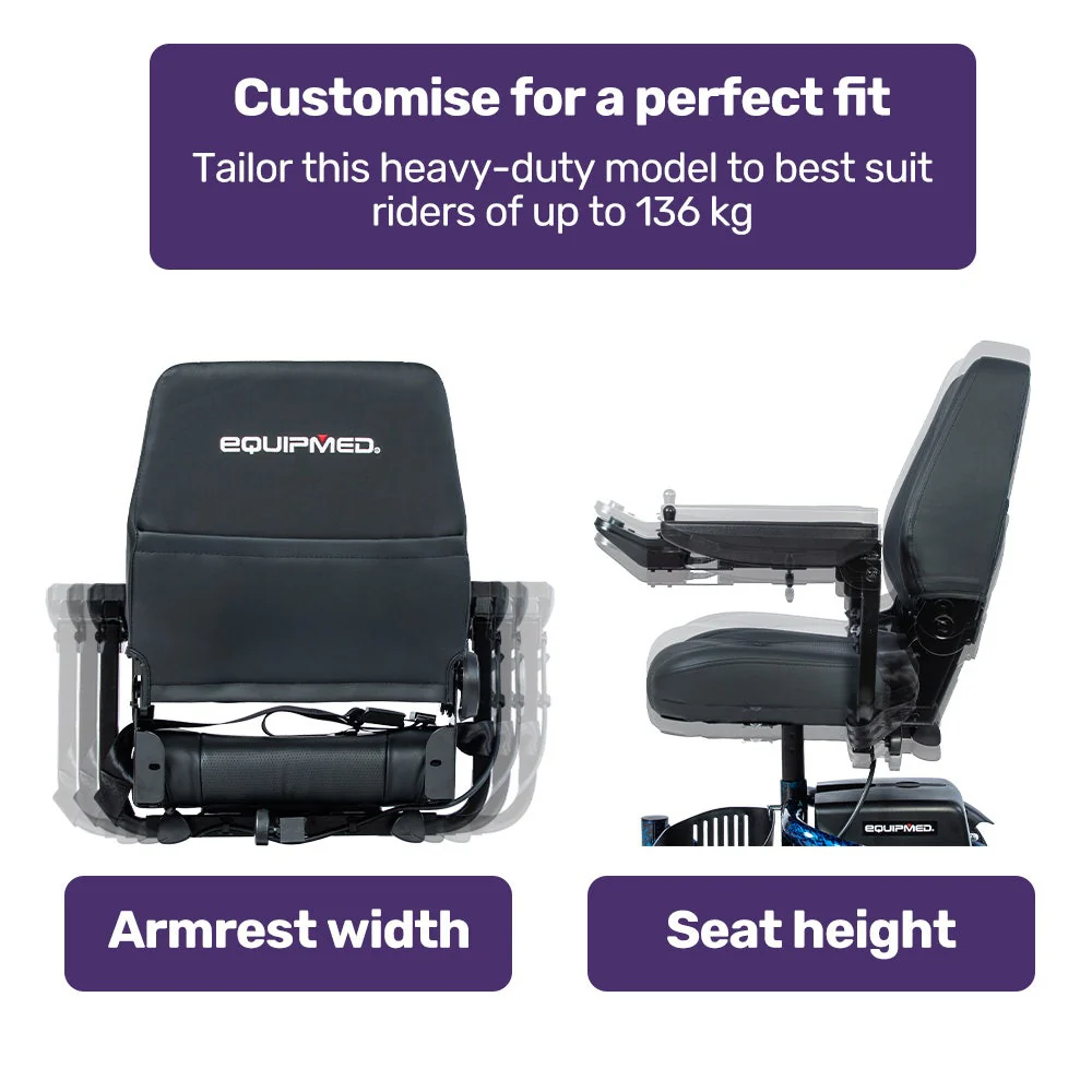 EQUIPMED Heavy Duty Electric Wheelchair, Up to 20km Range, Ultra-Comfortable, Great Turning Circle, Safe Stable Non-Slip Anti-Roll Back Power Chair, Blue