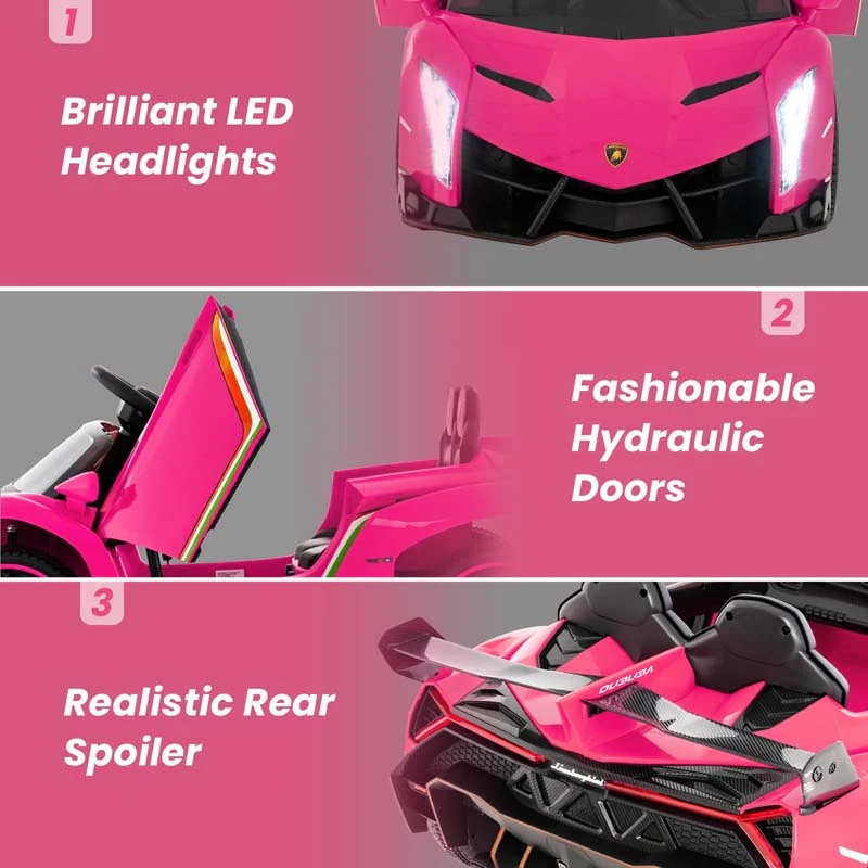 Lamborghini Licensed Kids Ride On 4WD Sports Car, 12V Battery Electric Vehicle Toy with Remote Control, 3 Speeds, Hydraulic Doors
