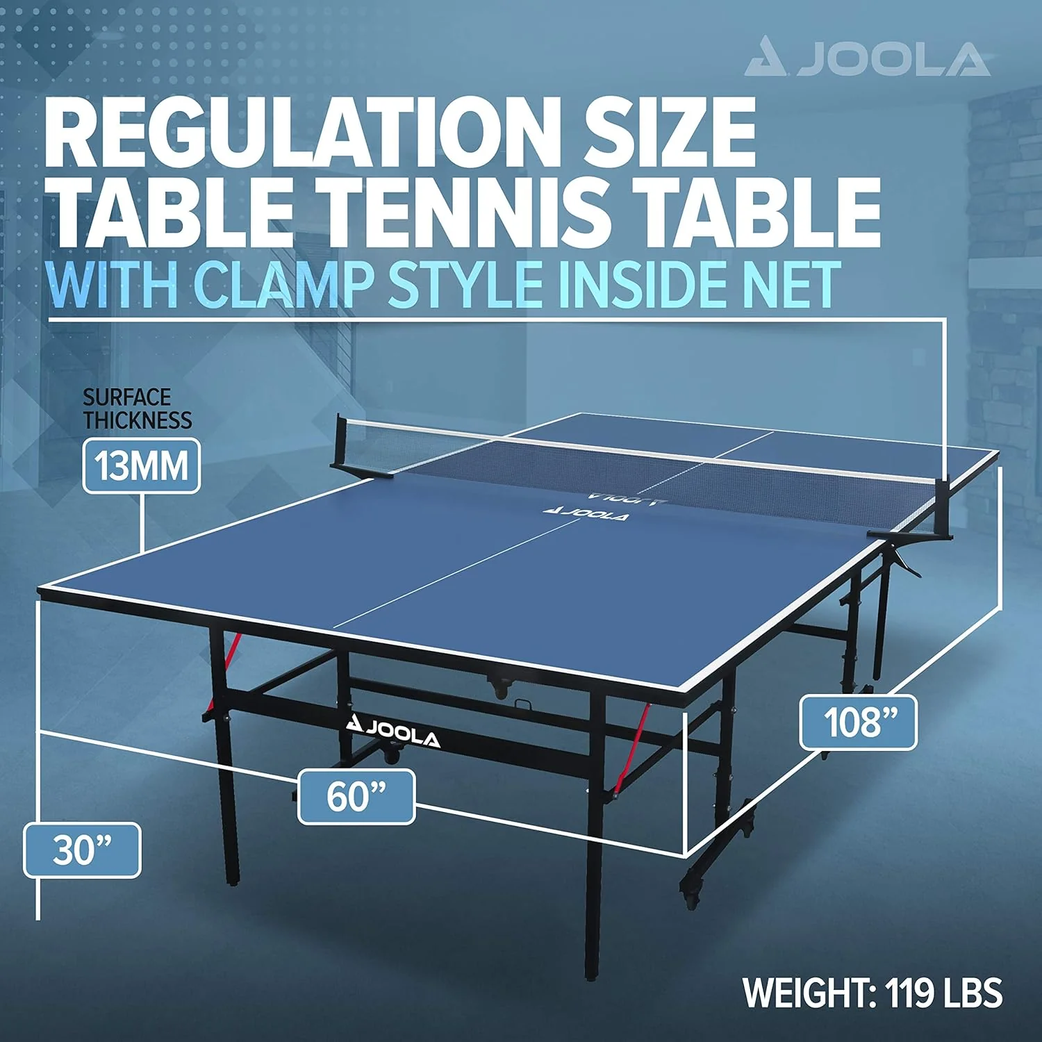 JOOLA Inside Professional MDF Indoor Ping Pong Table with Quick Clamp Table Tennis Net and Post Set - 10 Minute Easy Assembly - Tournament Quality - Foldable with Single Player Playback Mode