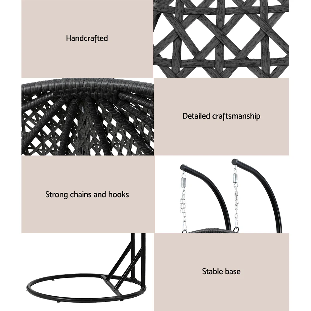 Gardeon Outdoor Egg Swing Chair Wicker Furniture Pod Stand Cushion 2 Seater Grey