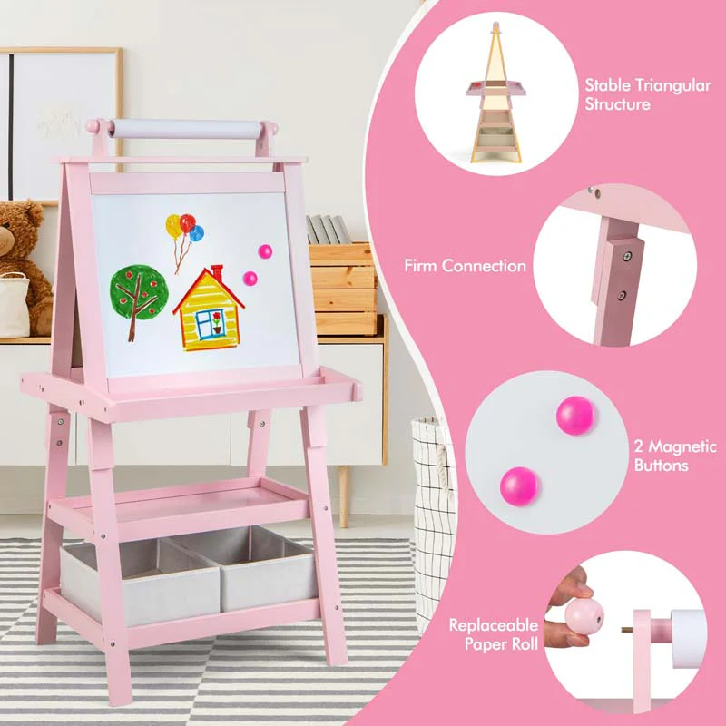 3-in-1 Double-Sided Kids Art Easel, Wooden Storage Toddler Easel with Magnetic White Board & Chalkboard, Paper Roll, Painting Dry Erase