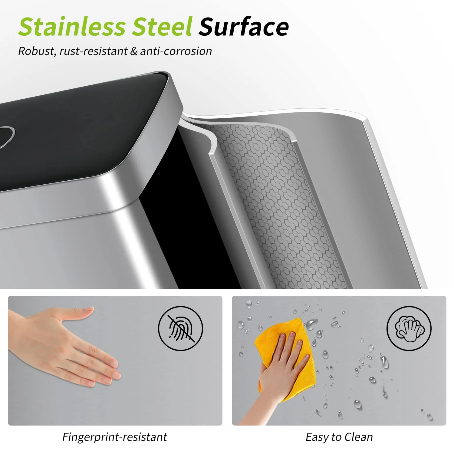 Bigacc 13 Gallon 50 Liter Kitchen Trash Can with Touch-Free & Motion Sensor, Automatic Stainless-Steel Garbage Can, Anti-Fingerprint Mute Designed Trash Bin Brushed Stainless Steel