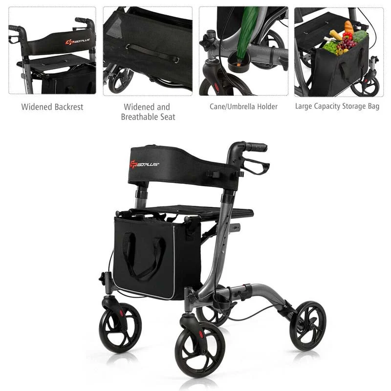 Folding Rollator Walker with Seat & Storage Bag, Lightweight Medical Walker Rolling Mobility Walking Aid