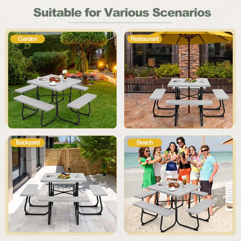 8 Person HDPE Outside Table & Bench Set, Outdoor Square Picnic Table with 4 Built-in Benches, Umbrella Hole, Metal Frame