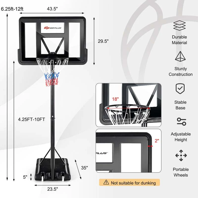 Portable Basketball Hoop Outdoor, 4.5-10FT Height Adjustable Basketball Goal System with 44
