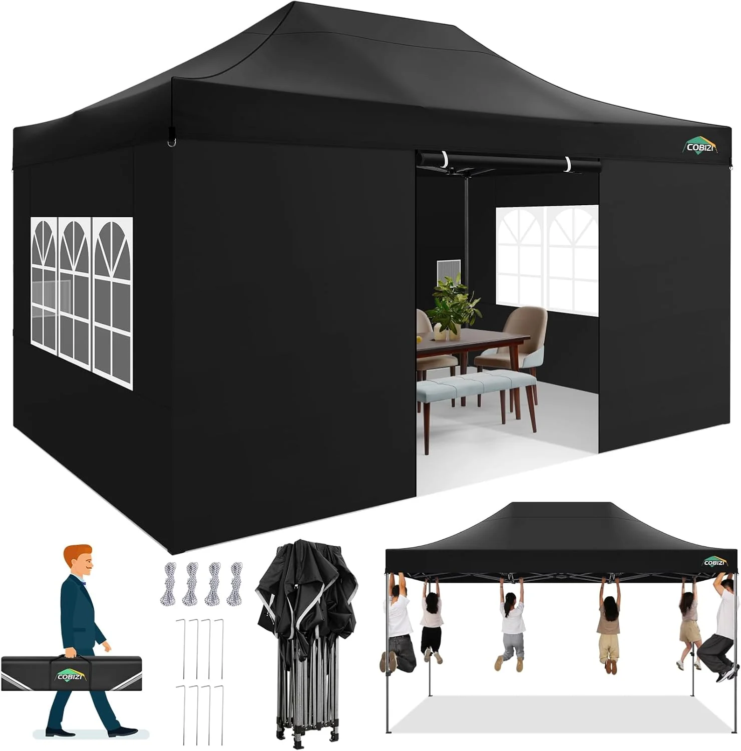 COBIZI 10x20 Heavy Duty Pop up Canopy Tent with 6 sidewalls Easy Up Commercial Outdoor Canopy Wedding Party Tents for Parties All Season Wind & Waterproof Gazebo with Roller Bag,Black(Frame Thickened)