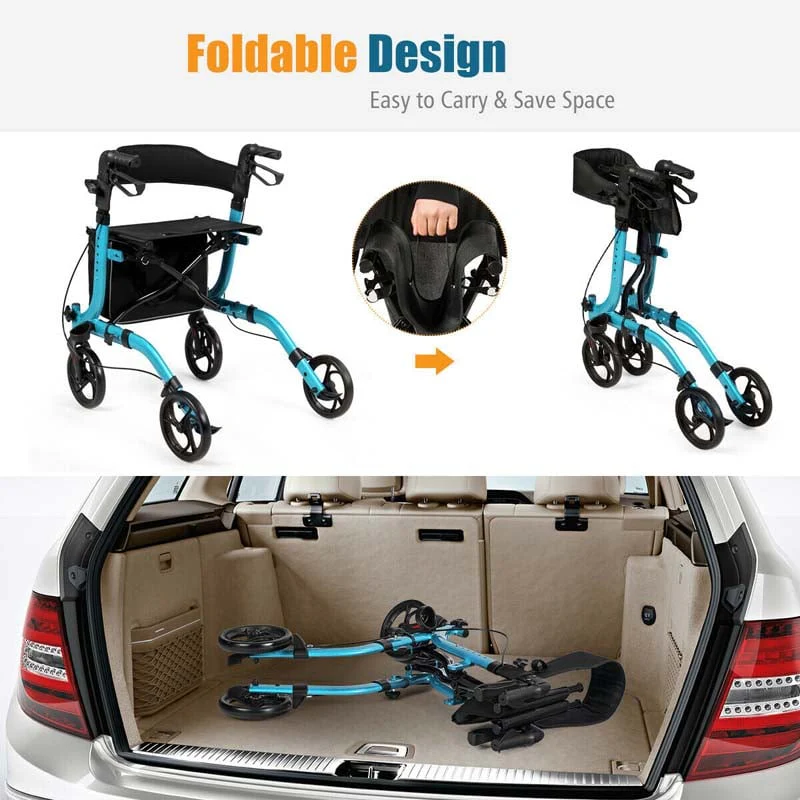 Folding Rollator Walker with Seat & Storage Bag, Lightweight Medical Walker Rolling Mobility Walking Aid