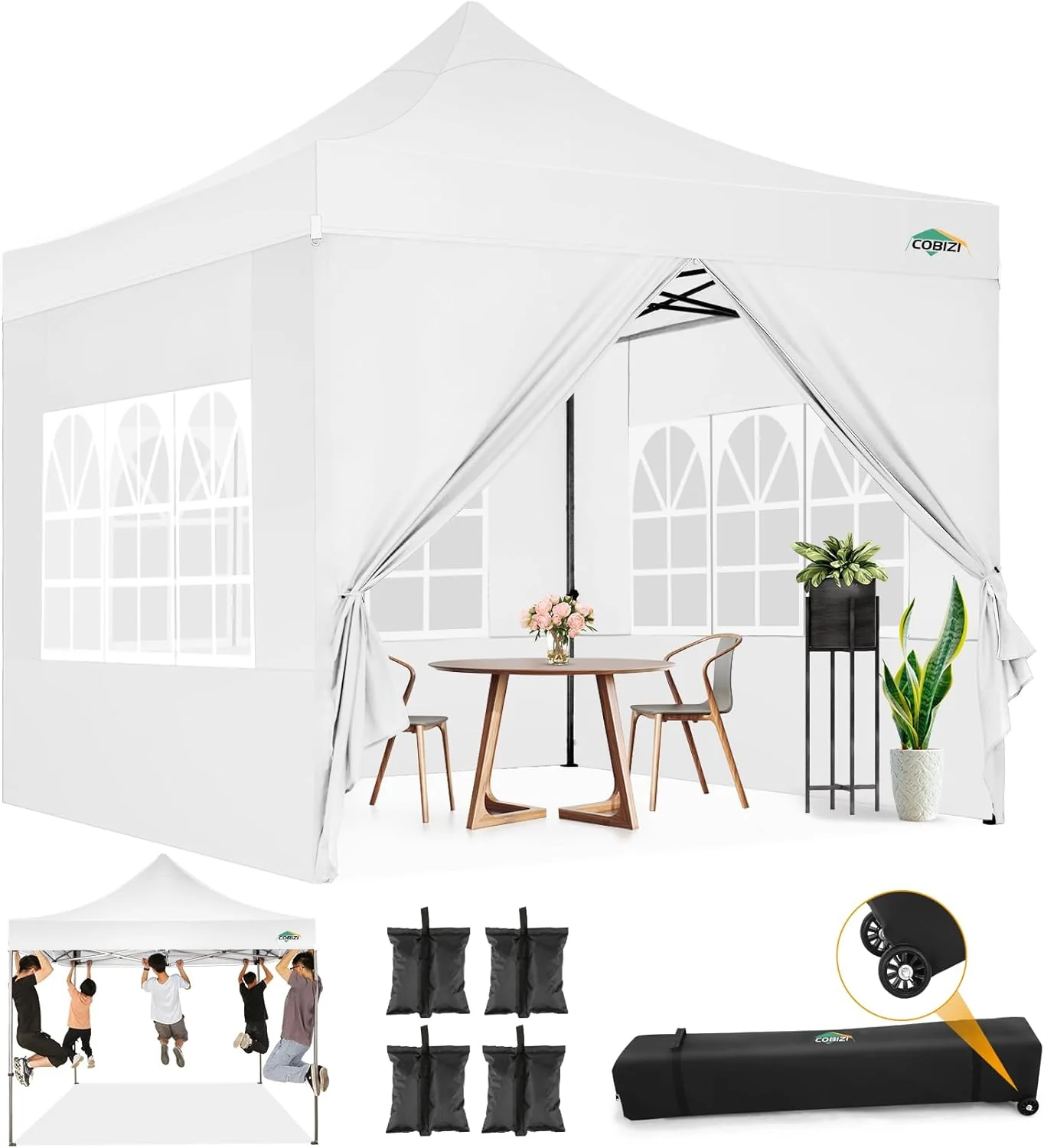 COBIZI 10x20 Heavy Duty Pop up Canopy Tent with 6 sidewalls Easy Up Commercial Outdoor Canopy Wedding Party Tents for Parties All Season Wind & Waterproof Gazebo with Roller Bag,Black(Frame Thickened)