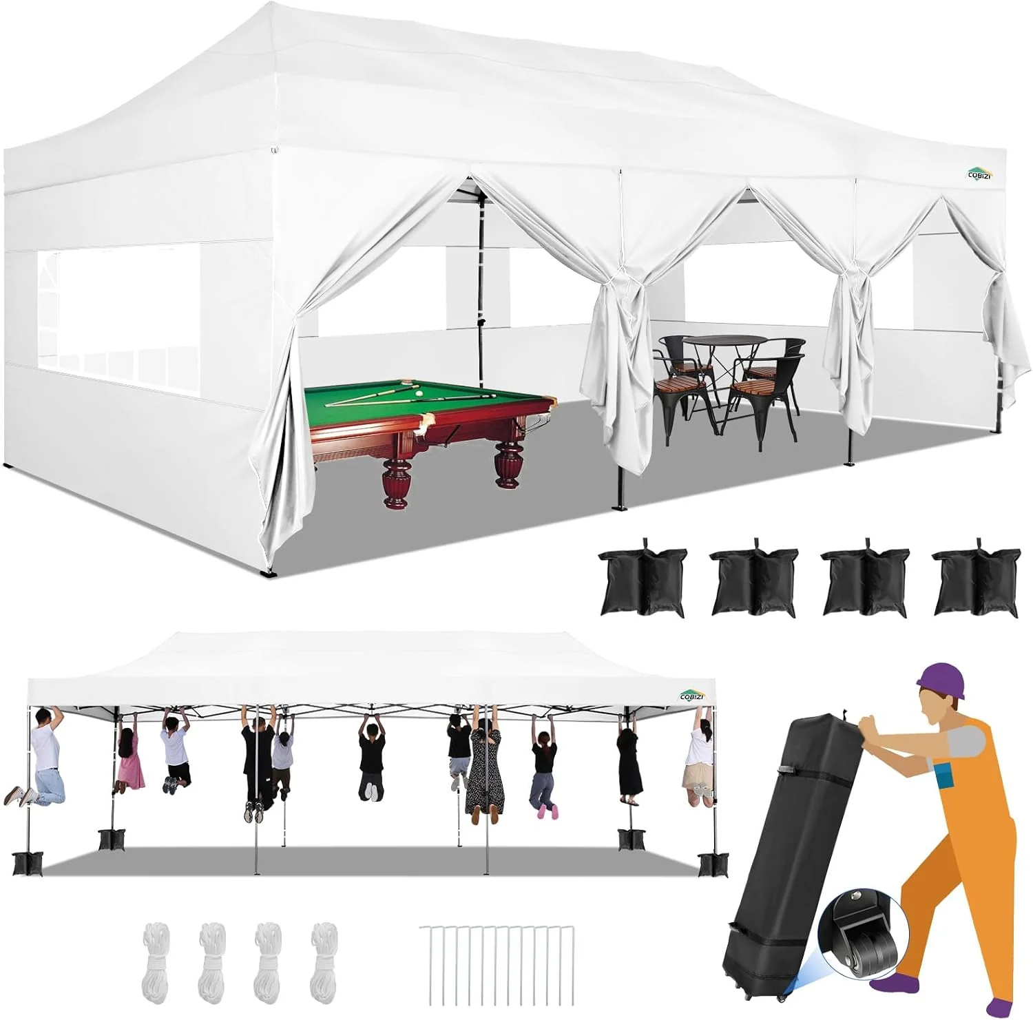 COBIZI 10x20 Heavy Duty Pop up Canopy Tent with 6 sidewalls Easy Up Commercial Outdoor Canopy Wedding Party Tents for Parties All Season Wind & Waterproof Gazebo with Roller Bag,Black(Frame Thickened)