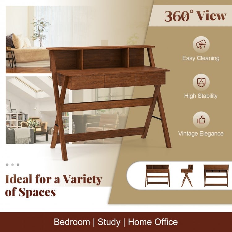 Mid Century Home Office Desk with 3 Storage Drawers and Monitor Stand