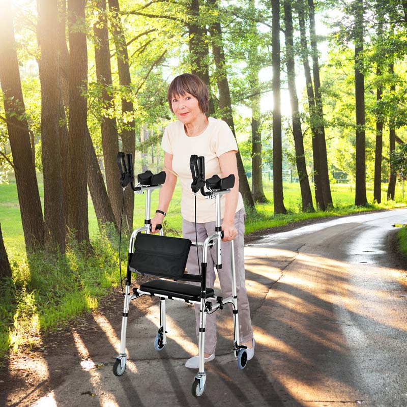 2 in 1 Folding Upright Walker Height Adjustable Rollator Walker with Seat & Wheels, Mobility Walking Aid for Seniors