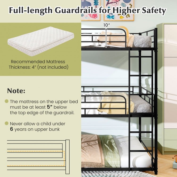 Metal Triple Bunk Bed with Safety Guardrails and 2 Ladders