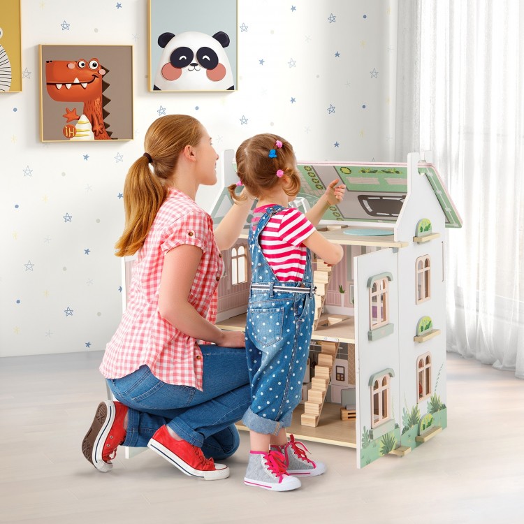 Kids Wooden Dollhouse 3 Level with Double-Sided Roofs and Doors