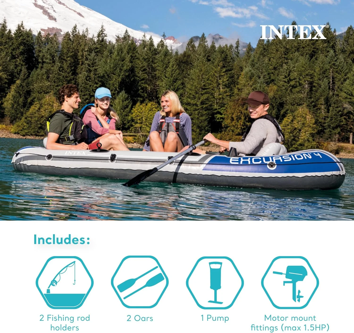 INTEX Excursion Inflatable Boat Series: Includes Deluxe 54in Boat Oars and High-Output Pump �C SuperTough PVC �C Adjustable Seats with Backrest �C Fishing Rod Holders �C Welded Oar Locks