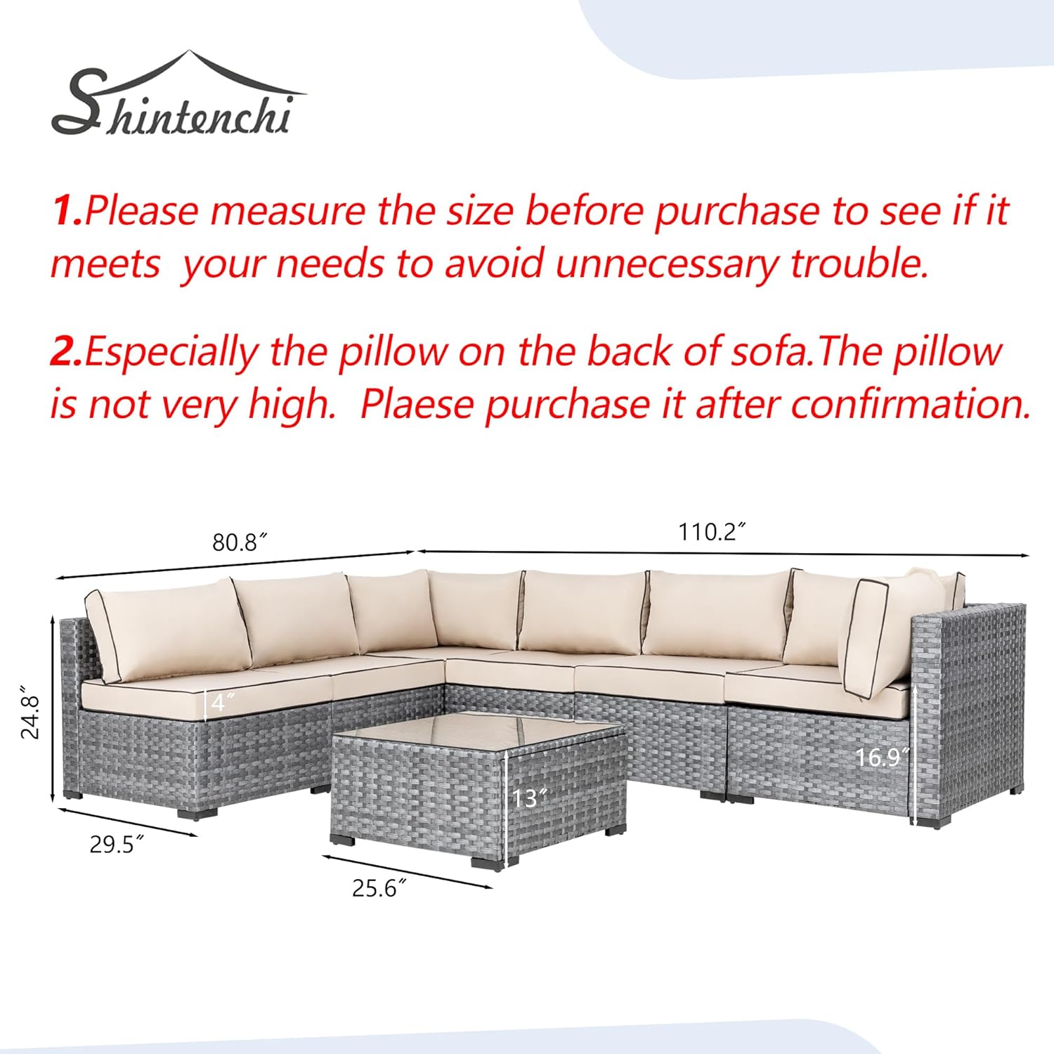 Shintenchi 5 Pieces Outdoor Patio Sectional Sofa Couch, Silver Gray PE Wicker Furniture Conversation Sets with Washable Cushions & Glass Coffee Table for Garden, Poolside, Backyard (Aegean Blue)