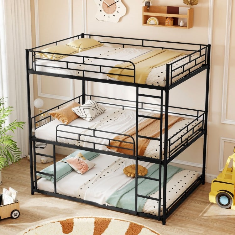 Metal Triple Bunk Bed with Safety Guardrails and 2 Ladders