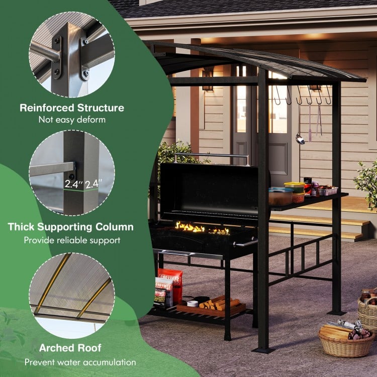 Hardtop Grill Gazebo with Vented Polycarbonate Roof Side Shelves