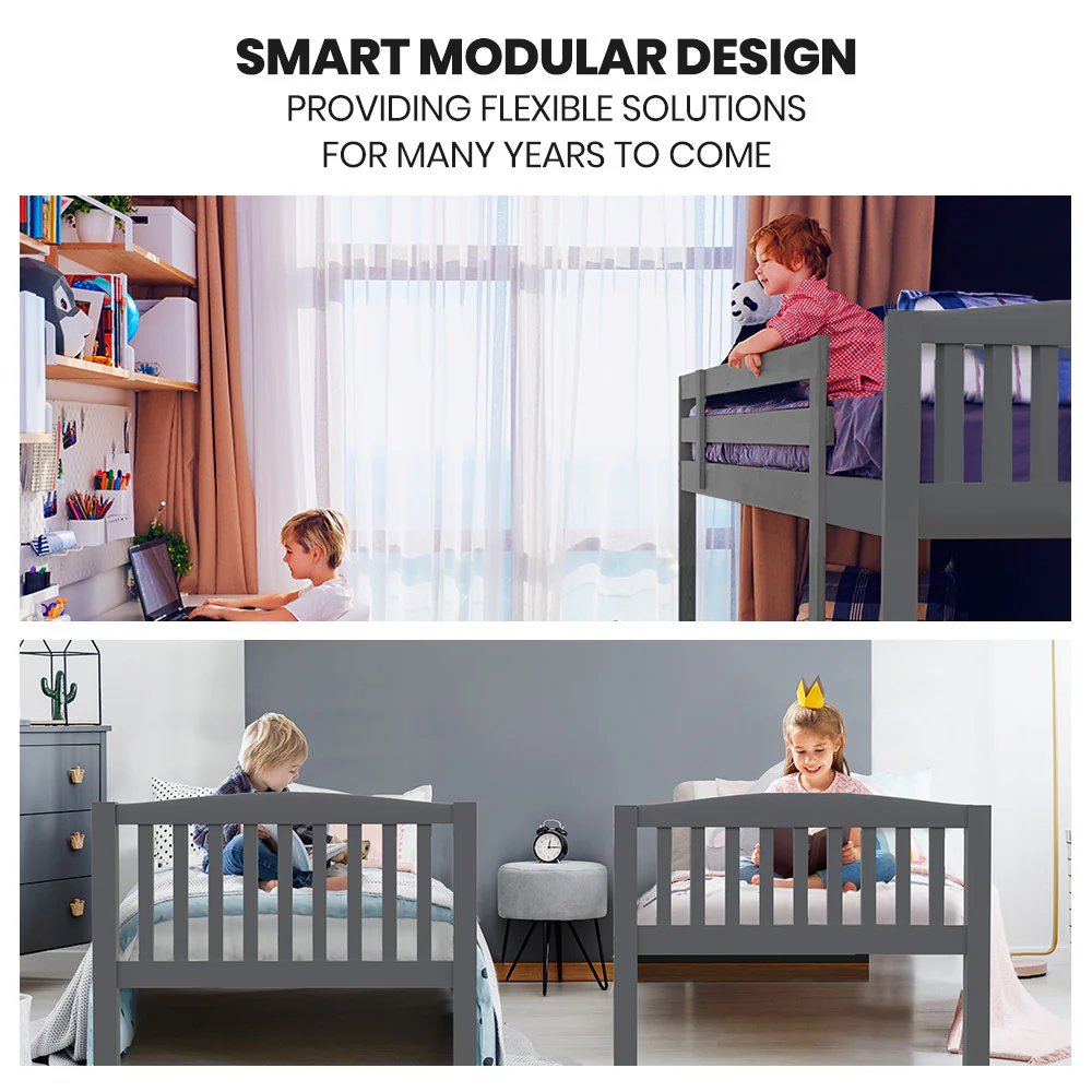 Kingston Slumber Single Bunk Bed Frame Solid Pine Wood Timber, Modular Design, Grey
