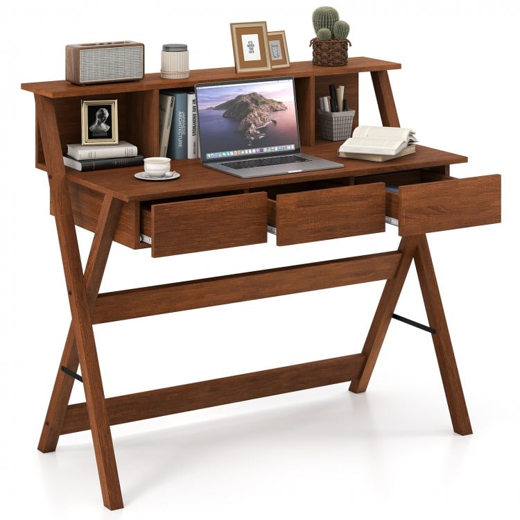 Mid Century Home Office Desk with 3 Storage Drawers and Monitor Stand