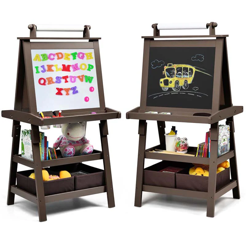 3-in-1 Double-Sided Kids Art Easel, Wooden Storage Toddler Easel with Magnetic White Board & Chalkboard, Paper Roll, Painting Dry Erase