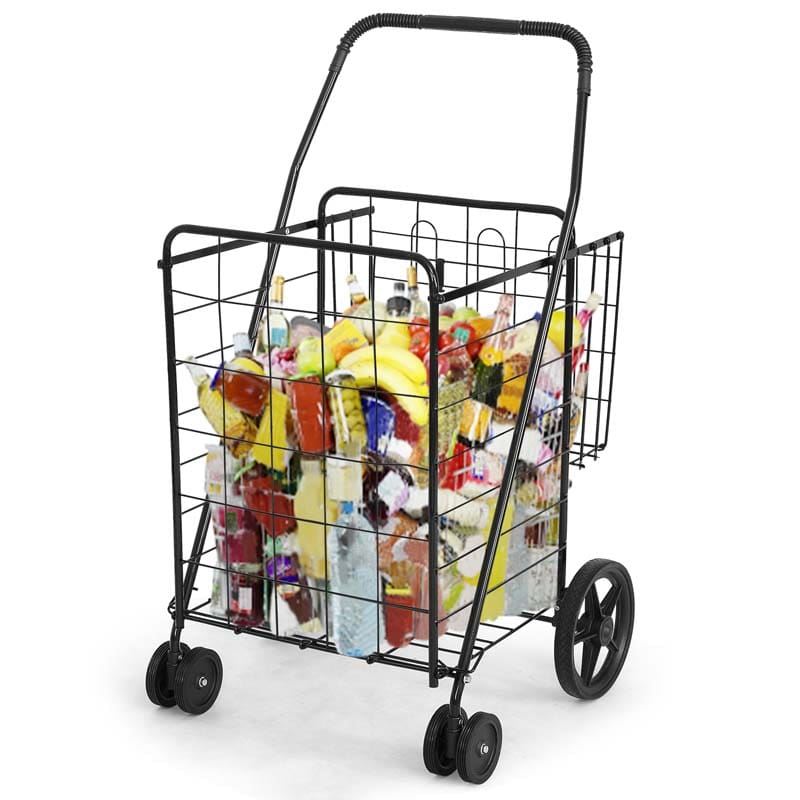 Jumbo Folding Shopping Cart Large Rolling Grocery Utility Cart with Double Basket & 360° Swivel Wheels