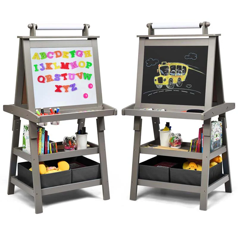 3-in-1 Double-Sided Kids Art Easel, Wooden Storage Toddler Easel with Magnetic White Board & Chalkboard, Paper Roll, Painting Dry Erase