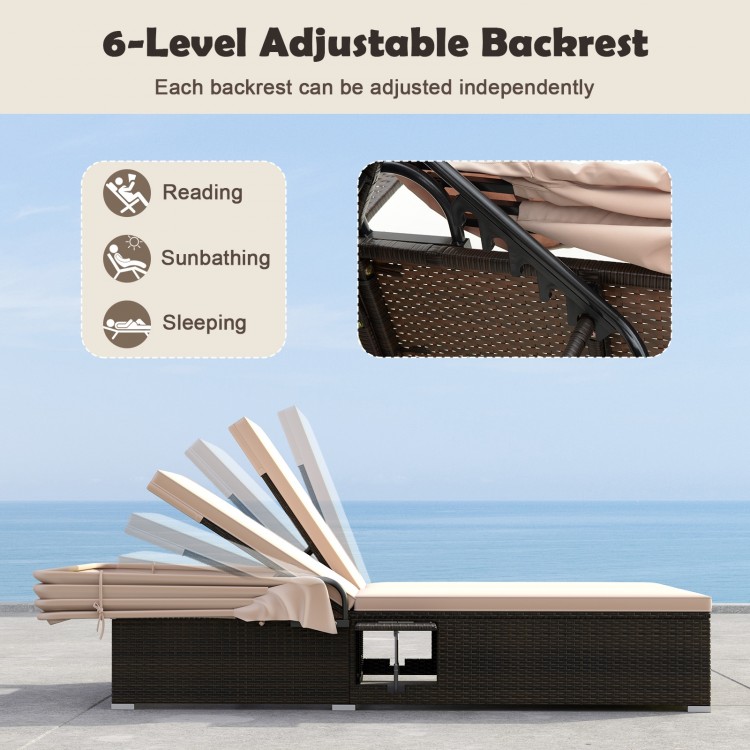 Patio Double Chaise Lounge with Shade Cushions and Folding Side Trays