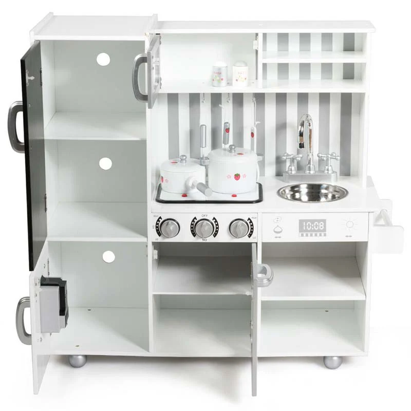 Wooden Kids Kitchen Playset with Simulated Sound, Chalkboard, Water Dispenser, Utensils, Little Chef Pretend Play Kitchen Toy Set Gift