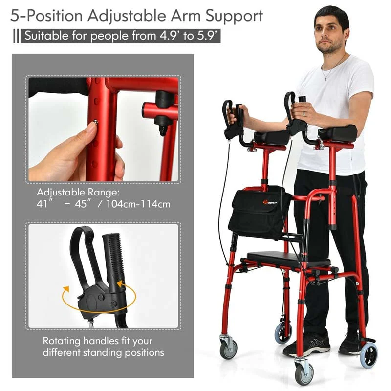 2 in 1 Folding Upright Walker Height Adjustable Rollator Walker with Seat & Wheels, Mobility Walking Aid for Seniors