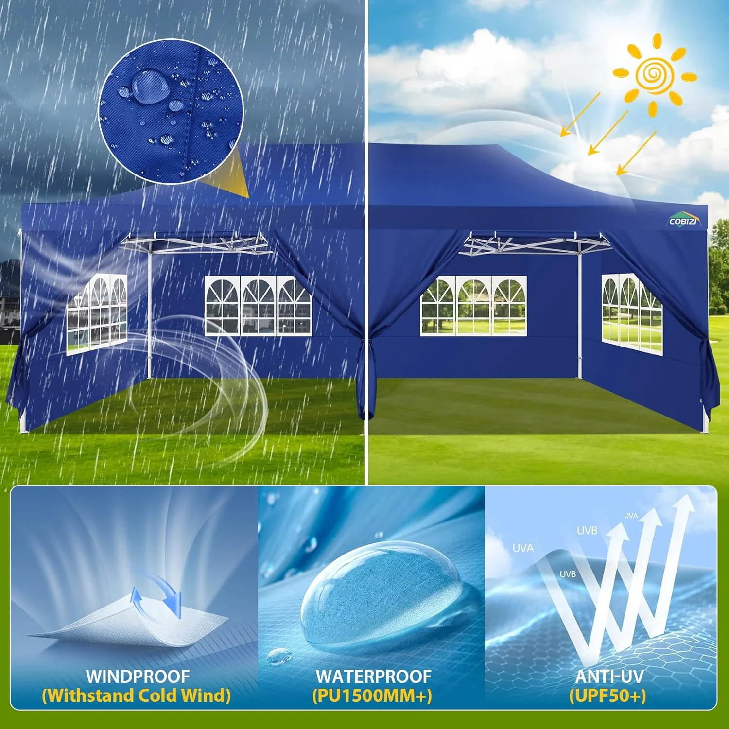 COBIZI 10x20 Heavy Duty Pop up Canopy Tent with 6 sidewalls Easy Up Commercial Outdoor Canopy Wedding Party Tents for Parties All Season Wind & Waterproof Gazebo with Roller Bag,Black(Frame Thickened)